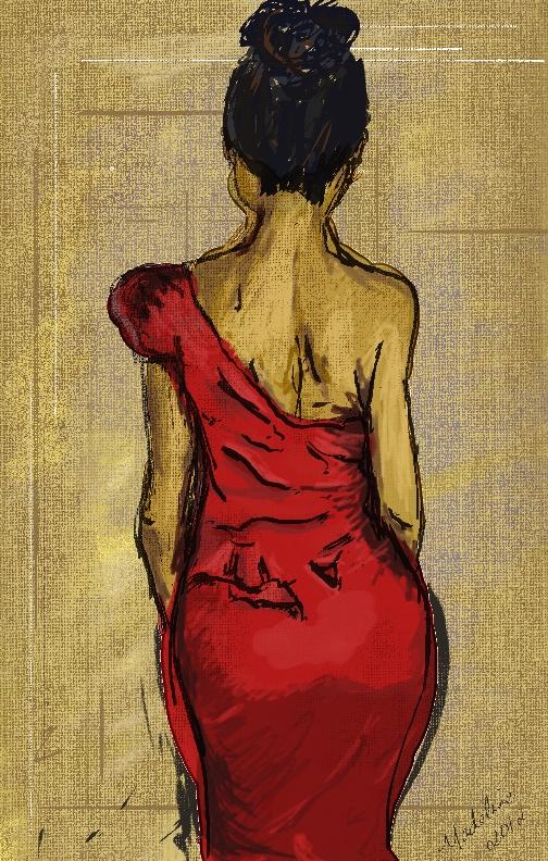 woman in a red dress
