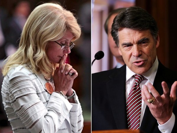 Splice image: left- Wendy Davis, right- Rick Perry