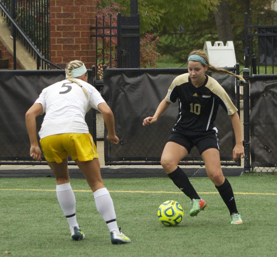 Becky Roberts (10) faces a Missouri Western defender in a game earlier this season. 