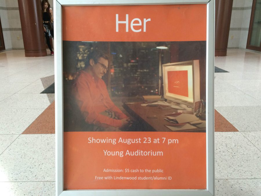 Photo by Jason Wiese
An advertisement for the LU Film Series presentation of 'Her' in the Spellmann Center lobby