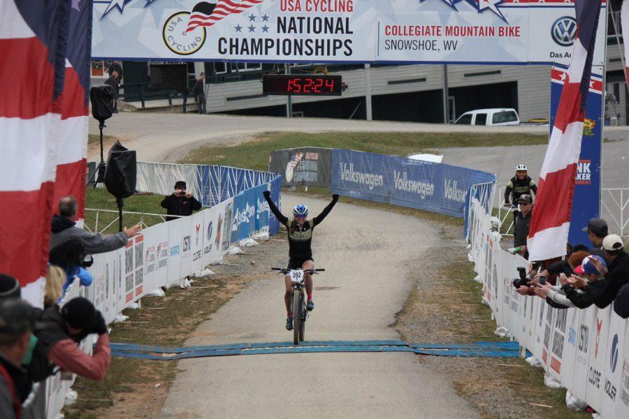 Finchamp crosses the finish line at the national championship, securing the 2015 Cross Country Mountain Bike title.<br> Photo courtesy of Hannah Finchamp