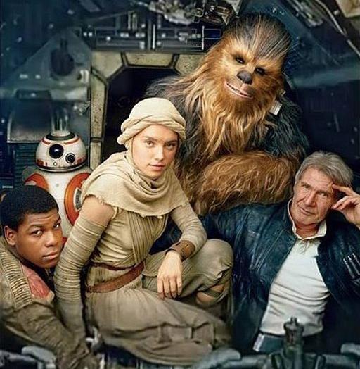 Photo from flickr.com Finn (John Boyega), BB-8, Rey (Daisy Ridley), Chewbacca (Peter Mayhew) and Han Solo (Harrison Ford) from "Star Wars: The Force Awakens"