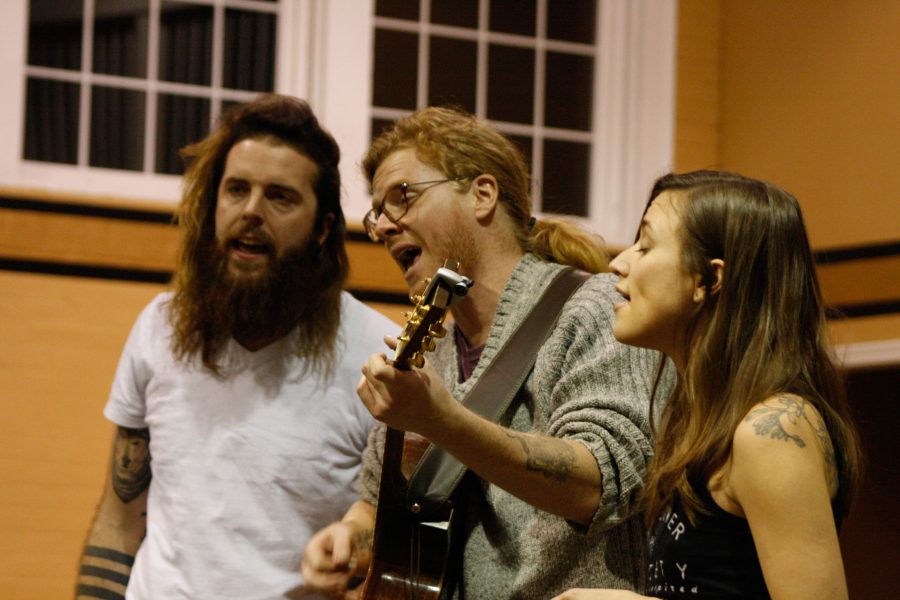 Photo by Mai Urai
From left, Devin Mauch, Martin Earley and Calin Peters harmonize in Butler Loft