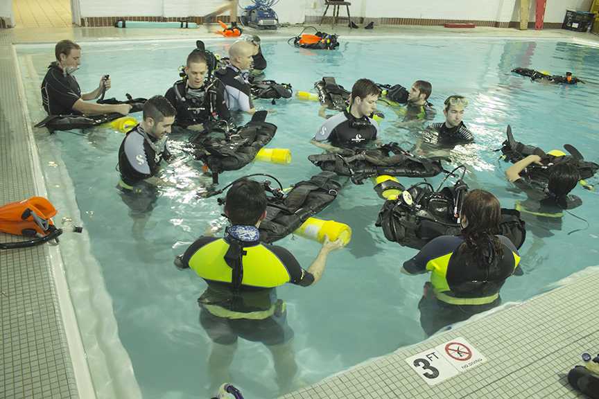 In 2016, participants of Lindenwood’s first scuba class practice in Butler pool.  Photo by Mai Urai
