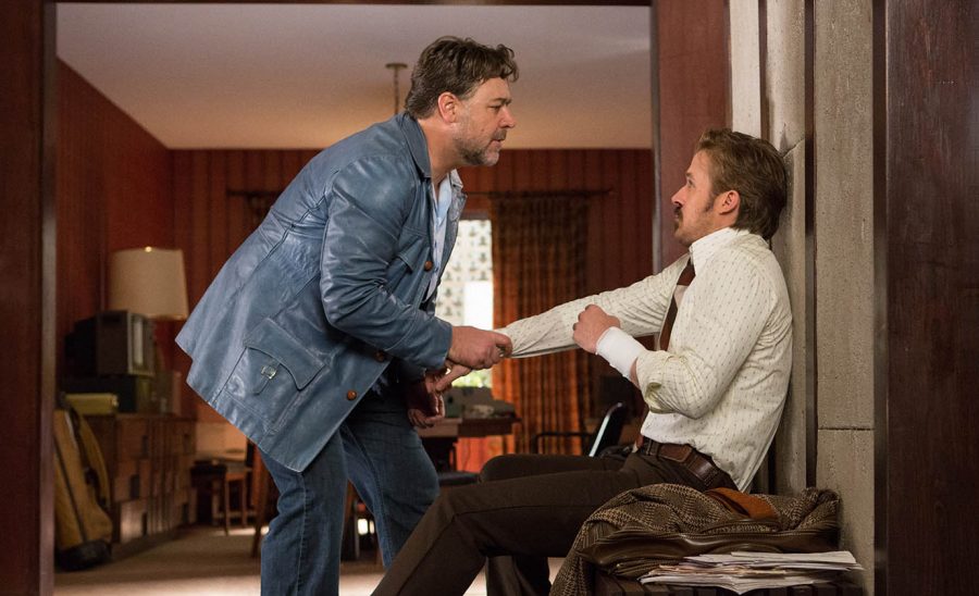 Photo courtesy of Warner Bros. Studios
Hired arm Healy (Russell Crowe, left) and private eye March (Ryan Gosling) have an awkward initial meeting before later teaming up in The Nice Guys.