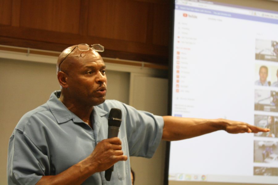 Associate professor of criminal justice Dr. Pernell Witherspoon, spoke passionately at the Stockley Forum, which he also moderated.   Photo by Matt Hampton