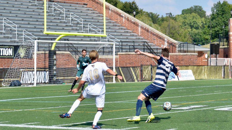 In a file photo from 2017, Jose de Val Lopez, number 18, defends the goal against Upper Iowa University. <br>Photo by Rolando Dupuy.