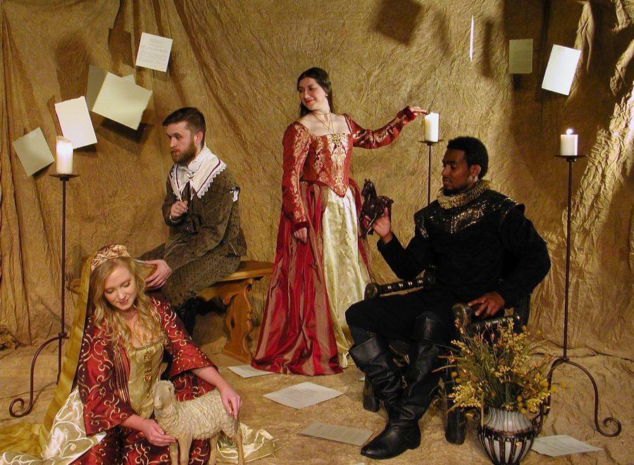 (From left) Lindenwood student Lexie Baker as Dorotea, Eric Kuhn as Cardenio, Shannon Lampkin as Luscinda and Jason J. Little as Fernando who all star in the main roles of the lost Shakespeare play Cardenio. Director Donna Northcott said the costumes in the play are incredible and a thing to look at in the production. 
Photo from Donna Northcott