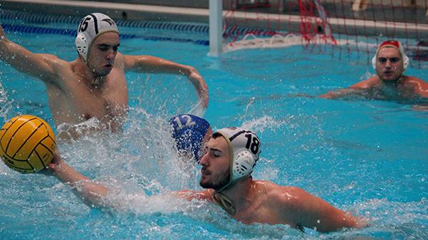 In a file photo from 2017, Lindenwood mens water polo player Jamie Gambin (15) assists Nikola Vukic (18) with a steal from a St. Louis University defender as Lindenwood goalie Sam Beckwith waits in the background for a possible shot.
 Photo from Karen Welch 