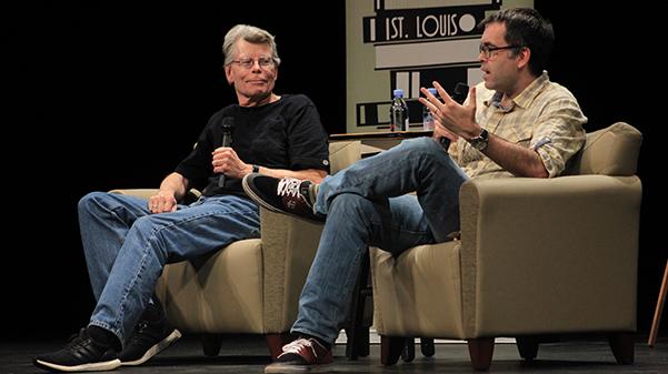 Stephen+King+and+his+son+Owen+King+discuss+working+together+as+father+and+son+on+their+novel+Sleeping+Beauties.+Stephen+and+Owen+were+at+the+J.+Scheidegger+Center+for+the+Arts+on+Oct.+1+to+promote+their+new+book.++Photo+by+Lindsey+Fiala+