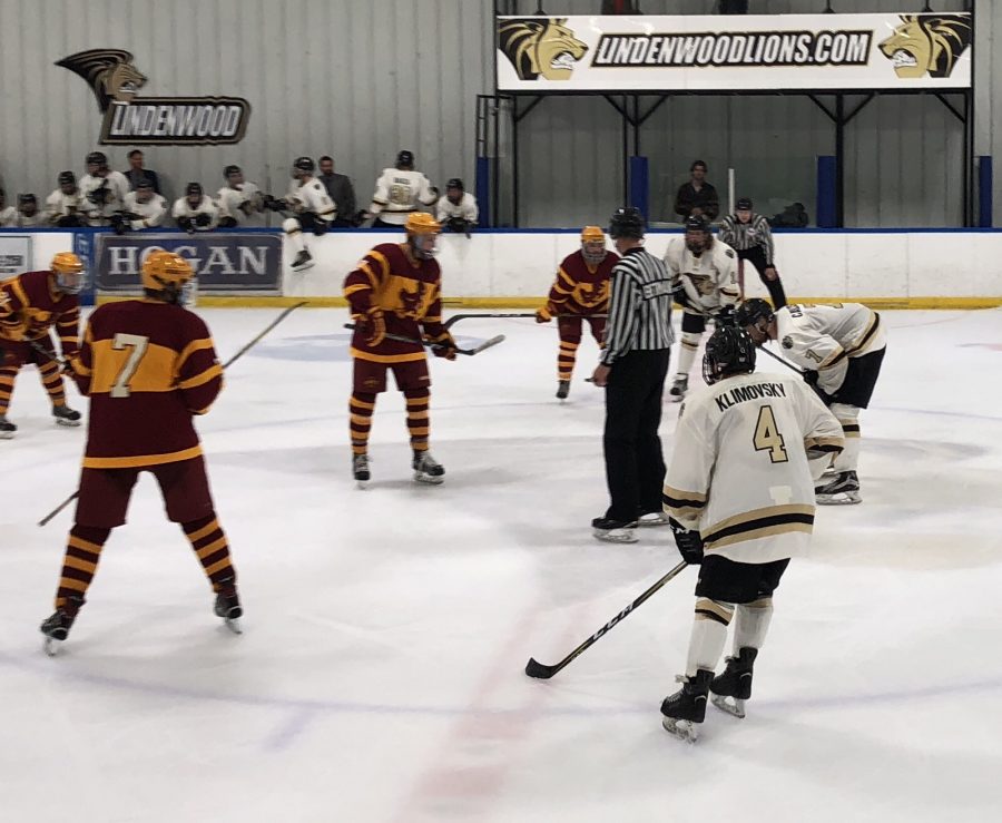 Sophomore forward Jordan Klimovsky, No. 4, faces off against Iowa State University last Saturday Oct. 14, at the Wentzville Ice Arena. Klimovsky had one goal and an assist against the University of Oklahoma when the teams met last. 

Photo by Madeline Raineri