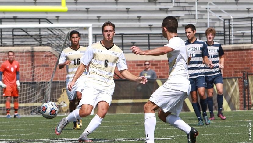 Joshua Scholl, No. 6, plays the ball in a 2-1 win against Upper Iowa University on Sept. 24 at Harlen C. Hunter Stadium. <br> Photo by Lindenwood Athletics