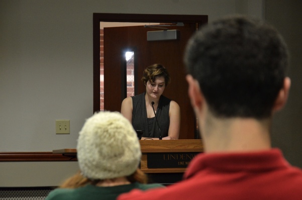 Freshman Caylin Choquette performs an original piece titled “The Comedian who Couldn’t Make me Laugh.” at the LU Monologues on Nov. 8 in the Spellmann AB Leadership room at 7 p.m. <br> Photo by Rolando Dupuy.