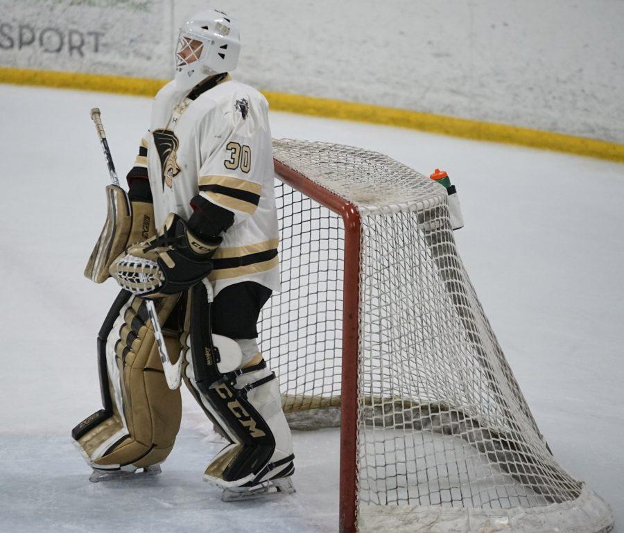 In this file photo Goalie Cooper Seedott in Lindenwoods match up against the University of Illinois at the Wentzville Ice Arena on Friday, Oct. 27. Seedott stopped 20 of 23 shots in regulation and overtime play for Lindenwoods 4-3 shootout win.  Photo by Mitchell Kraus.