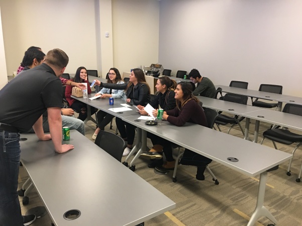 Interested students and faculty discuss the plans for their future Greek organization at the Latin coed interest meeting on Friday, Nov. 10, in the LARC.  Photo by Ciara Griffin.