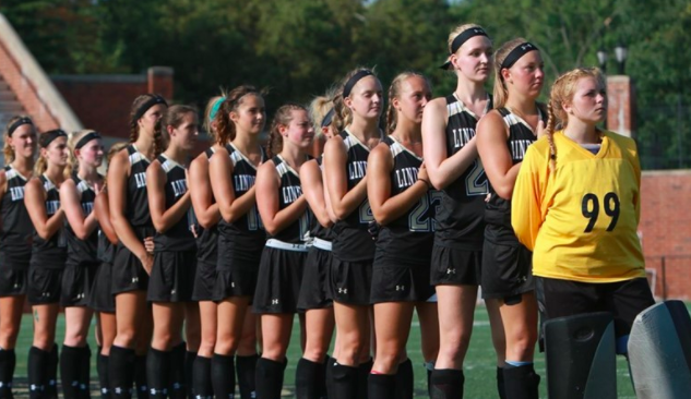 In a file photo from 2017, the Lindenwood women's field hockey team stands for the national anthem during a game at Hunter Stadium. <br /> Photo by Don Adams Jr.
