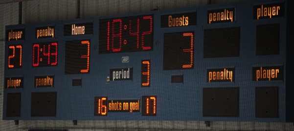 The scoreboard from a Lindenwood mens ice hockey game on Oct. 27 against the University of Illinois. The  20-year-old Wentzville Ice Arena is the current game and practice facility utilized by Lindenwoods ice hockey programs. File photo by Mitchell Kraus.
