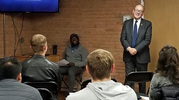 Lindenwood University president Michael Shonrock addresses members of the Residence Hall Association during their general assembly on Wednesday, Nov. 1, at Parker Hall. 
 Photo by Michelle Sproat 