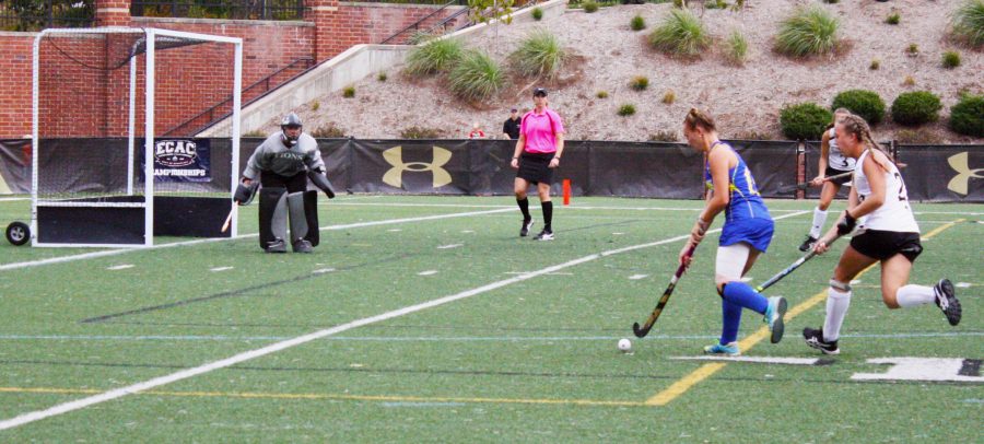 File photo: Field hockey goalie Skylar Starbeck looks to make a save in the ECAC championship game against Limestone College on Sunday, Nov. 5, 2017 at the Harlen C. Hunter Stadium. Photo by Madeline Raineri.