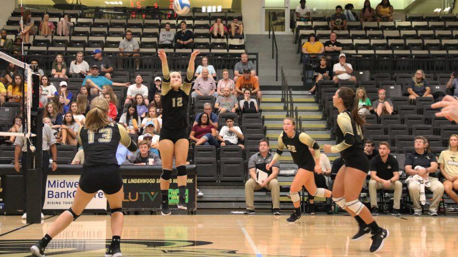 In+a+file+photo+from+2017%2C+Ally+Clancy+%28No.12%29+sets+the+ball+during+a+game+against+Missouri+Western+in+Hyland+Arena.++Photo+by+Maria+Escalona.