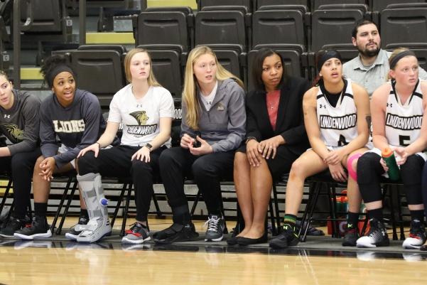 Kallie Bildner (grey jacket) watches as the Lions lose 71-65 to Missouri Southern on Thursday. Bildner missed her second straight game on Saturday due to injury.

Photo by Walker Van Way