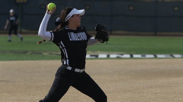 Lindenwood's Caitlyn Touchette makes an out at third base during the second game of a doubleheader against Quincy University. 
<br> Photo by Michelle Sproat. </br>