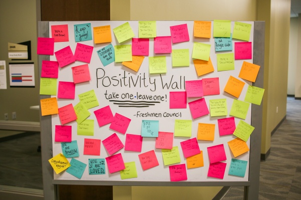 This positivity wall in the LARC is one of many ways the Freshmen Council is trying to spread #Lindenlove on campus.  Photo by Tyler Keohane 
