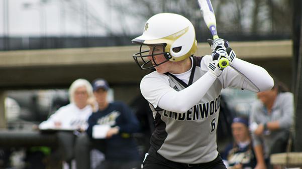 Lindenwoods Keri Sheehan squares up for the pitch during a game last season against the University of Illinois Springfield on March 28, 2017. 
 Photo by Kelly Logan 
