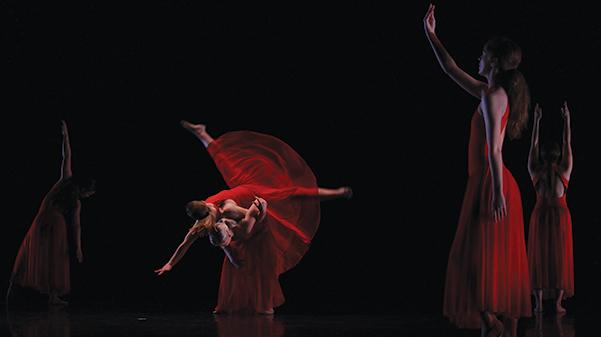 Lindenwood dance students perform a piece choreographed by former student Taylor Plodzien during the Winter 2017 Dance Concert. Plodziens piece was a mix of ballet and contemporary styles. 
 Photo by Lindsey Fiala. 