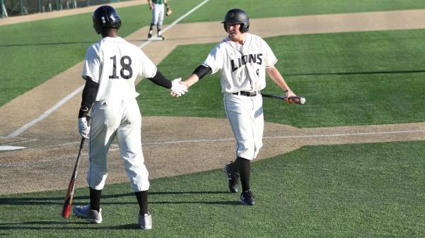 Infielder Jackson Fuller, No. 8, scores first Lions' run of game and high-fives teammate D.J. Miller, No. 18, in the Lions' 5-2 loss on Sunday.
<br>
Photo by Kyle Rhine