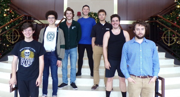 The all-male theater class stands in the J. Scheidegger Center, which will be their second home for the next four years. From left: Camden Scifres, Matthew Hansen, Michael O'Hara, Cody Ramsey, Valiante Waltz, Ian Fleming and Yianni Perahoritis. <br> Photo by Arin Froidl