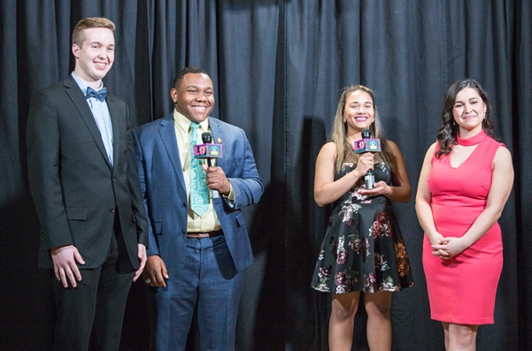 Hosts Scott Mandziara (left) and Sami Glenn (right) are interviewed by LUTVs Romero Starks and Brie McLemore at the 2018 Lindy Awards. The 2019 awards show will be held on April 18 at 7 p.m. in the Emerson Black Box Theater.  File photo by Tyler Keohane