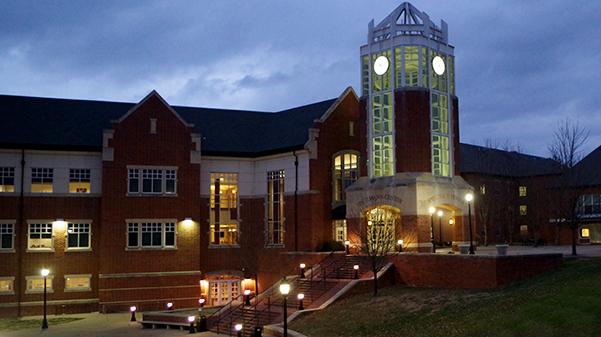 The Spellmann Center in the evening on the campus of Lindenwood University. 
 Stock photo by Kat Owens. 