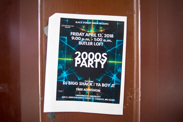 A flyer advertising the 2000s party on a door frame inside Spellmann  Photo by Mitchell Kraus