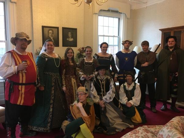 (From left) Captain of the English Guard, Jane Seymore, Princess Mary Tudor of England, Katherine of Aragon Queen of England, Anne Boleyn, Captain of the French Guard, Rion the Elf, Rahl the Bard, Struggles the Court Jester, Catherine of Austria Princess of Spain, Davina Gordon the Scot. Photo by Arin Froidl 