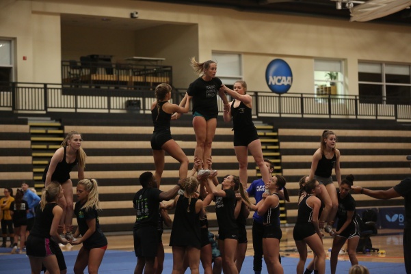 Lindenwood cheerleading practices for nationals in Hyland Arena on April 2, 2017.  Photo by Carly Fristoe. 