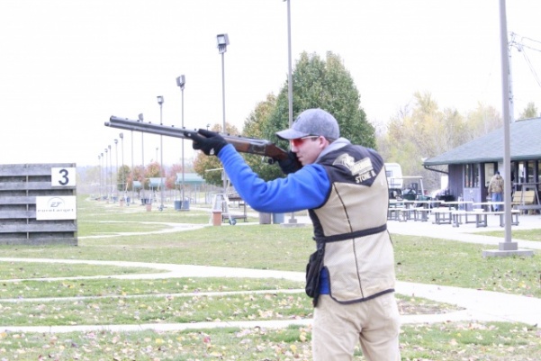 Sophomore Brandon Stone sets up for a shot at Gateway Gun Club in Bridgeton, Missouri, on Nov. 9.  photo by Taylor McDaniel 