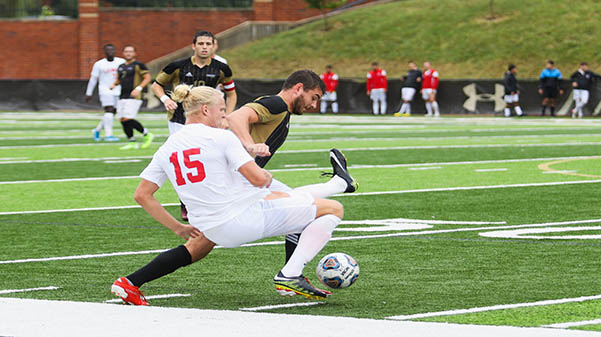 File photo: The Lindenwood Thomas Hutcheson (11) led the offensive plays with three shots against Lewis. The Lions fought through the rain condition, ended up with draw 0-0. 
