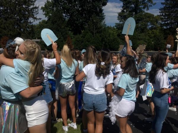 Sisters of Sigma Sigma Sigma Sorority welcome home their new members on Bid Day.
<br/> Photo by Arin Froidl