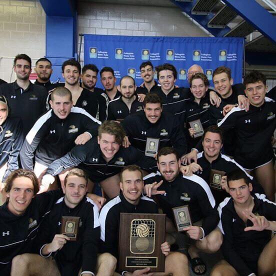 The Lindenwood mens water polo team posing with their trophy after winning the CWPA Mens National Collegiate Club Championship on Sunday, Nov. 17 in Pennsylvania.  Photo by the CWPA. 