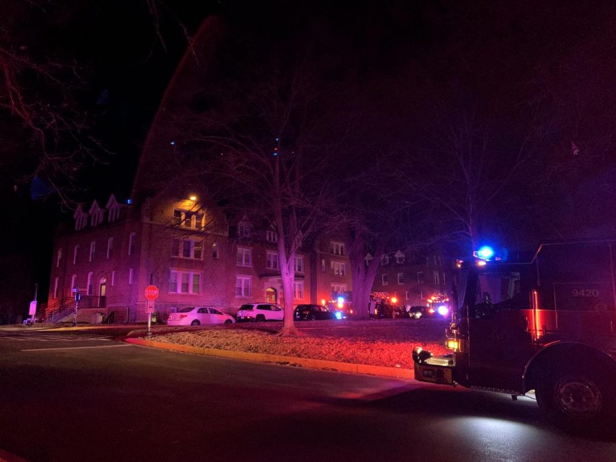 Firetrucks surround Aryes Hall, where a student pulled a fire alarm Dec. 10 in response to smoke.  