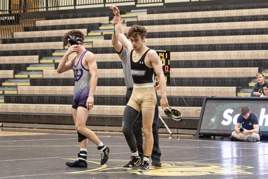 Tanner Hitchcock (right) won the match against a Panthers wrestler from Kentucky on Feb. 11 at Hyland Arena. The Lions defeated the Panthers 44-0