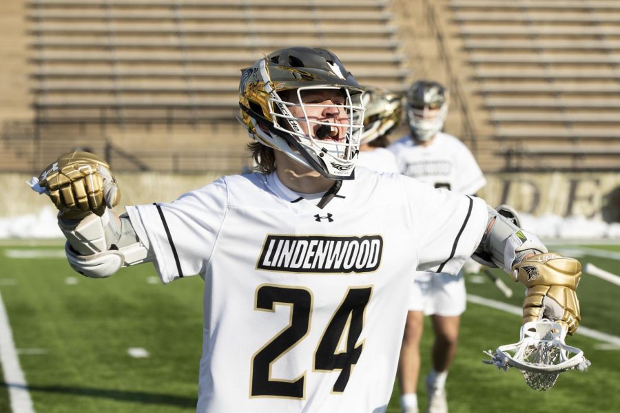 Grant Brunsvold celebrates after scoring his second goal of the game on Feb. 9. Lindenwood shut out Florida Tech in the fourth quarter and gained the lead 13-12 in the last 25 seconds of the game. 