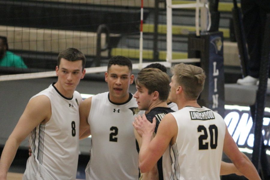 Mens+volleyball+players+huddle+up+in+a+game+vs+Saint+Francis+on+Jan.+17%2C+2020