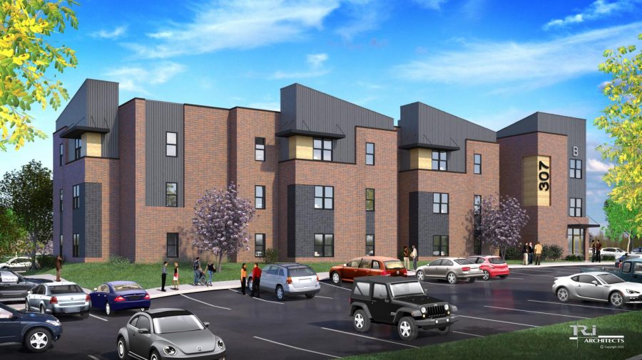 An elevation rendering of one of the proposed student apartment buildings.   Image from Associate Vice President of Operations Tim Crutchley.  