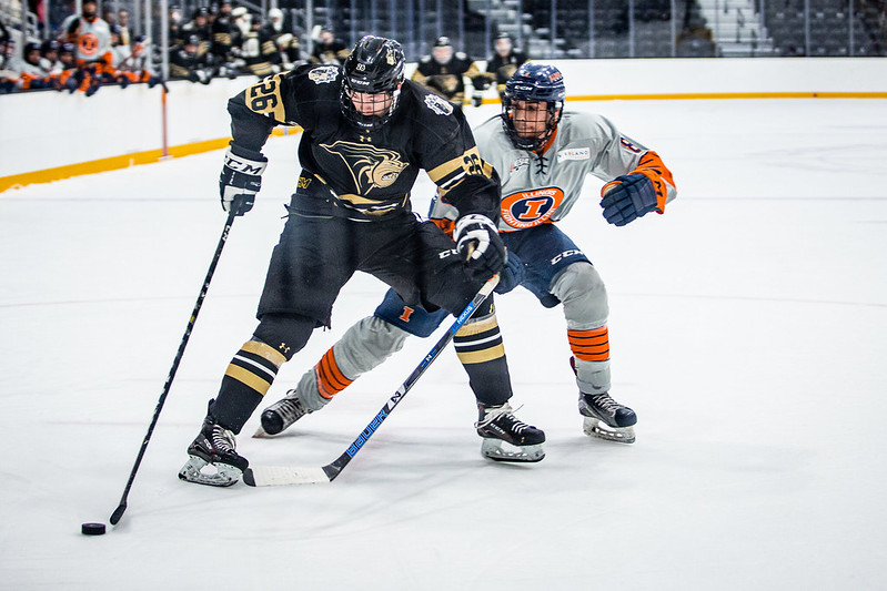 Vegard Faret (#26) battles against an Illinois defender in a home game on October 19, 2019.