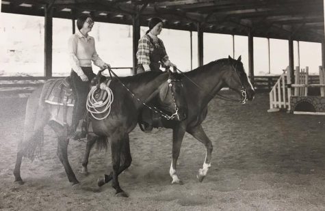 Two Lindenwood students riding horses in the 1970s in the facility that would become the Field House and Fitness Center. Photo from the Mary E. Ambler Archives.  