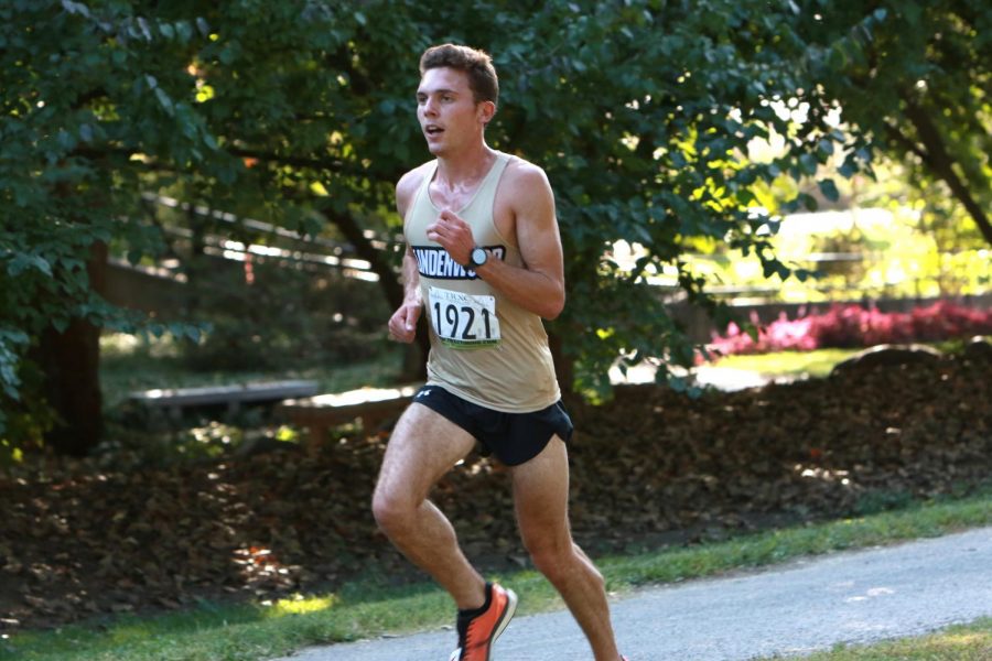 Sophomore Louis Moreau runs in the GLVC Dual Meet on Sept. 25 for Lindenwood. Photo courtesy of Don Adams Jr.