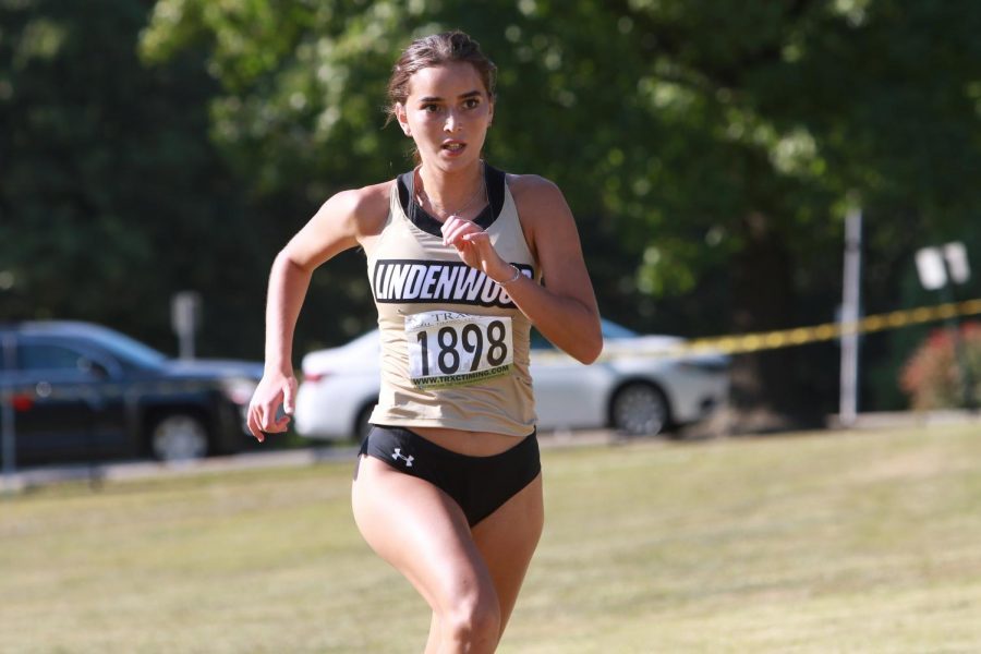 Sophomore Najwa Chouati runs in a GLVC Dual Meet against Maryville on Friday, Oct. 9, 2020.