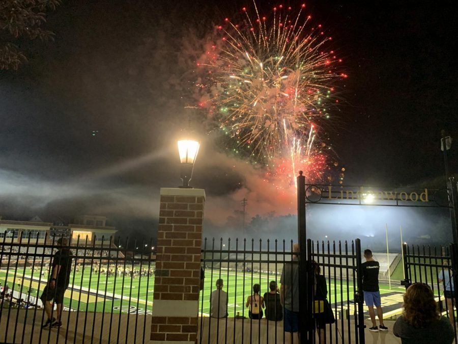 Fireworks fill the night sky after Lindenwood football's 56-34 win over Kentucky Wesleyan on Sept. 18.